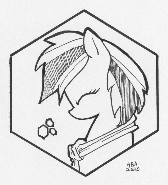 Size: 905x1000 | Tagged: safe, artist:abronyaccount, derpibooru import, oc, oc:azura peavielle, unofficial characters only, pony, black and white, bust, cutie mark, female, grayscale, head only, hexagon, image, ink, ink drawing, inktober, inktober 2020, jpeg, logo, mare, monochrome, necktie, signature, traditional art