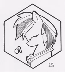 Size: 905x1000 | Tagged: safe, artist:abronyaccount, derpibooru import, oc, oc:azura peavielle, unofficial characters only, pony, black and white, bust, cutie mark, female, grayscale, head only, hexagon, image, ink, ink drawing, inktober, inktober 2020, jpeg, logo, mare, monochrome, necktie, signature, traditional art