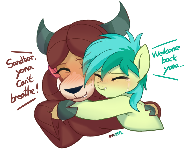 Size: 4200x3343 | Tagged: safe, artist:maren, derpibooru import, sandbar, yona, earth pony, pony, yak, blushing, crying, eyes closed, female, hug, image, interspecies, male, png, shipping, simple background, stallion, straight, teary eyes, white background, yonabar