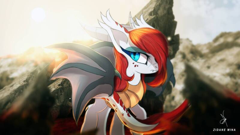 Size: 1920x1080 | Tagged: safe, artist:zidanemina, derpibooru import, oc, original species, blue eyes, desert, dragon wings, image, jpeg, looking at you, red mane, rocky background, sunrise, wings