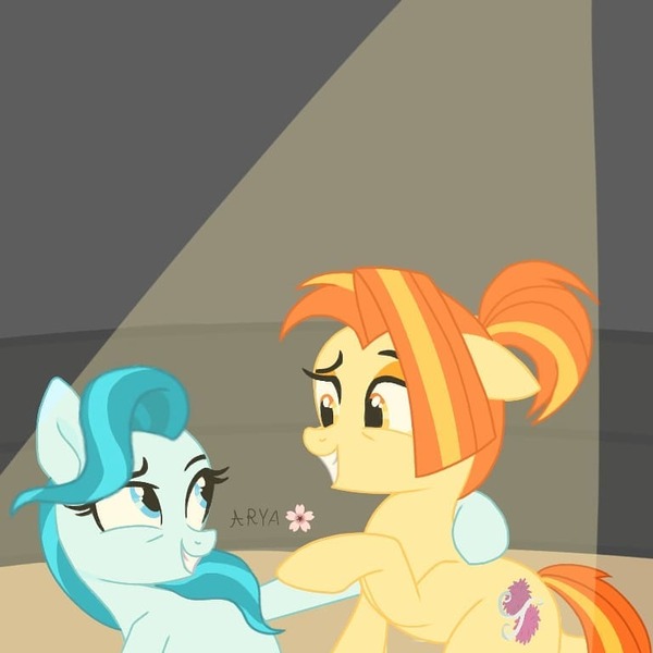 Size: 768x768 | Tagged: safe, artist:aryasakurada, derpibooru import, lighthoof, shimmy shake, earth pony, pony, duo, female, grin, hug, image, jpeg, lesbian, looking at each other, mare, shimmyhoof, shipping, signature, smiling