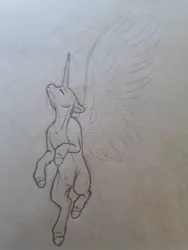Size: 720x960 | Tagged: safe, artist:silentwolf-oficial, derpibooru import, oc, unofficial characters only, alicorn, pony, alicorn oc, eyes closed, flying, grayscale, horn, image, jpeg, lineart, monochrome, solo, traditional art, wings