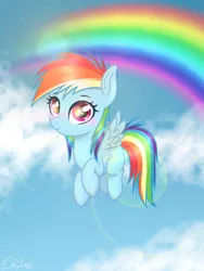 Size: 768x1024 | Tagged: safe, artist:delfinaluther, derpibooru import, rainbow dash, pegasus, pony, sonic rainboom (episode), blank flank, cloud, female, filly, filly rainbow dash, flying, image, lens flare, looking at you, png, rainbow, sky, sky background, smiling, solo, spread wings, three quarter view, wings, younger