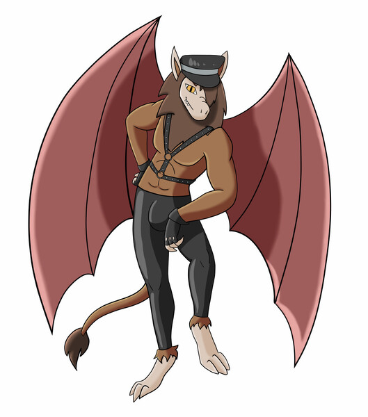 Size: 1128x1280 | Tagged: questionable, artist:kyuubi68, derpibooru import, scorpan, abs, bdsm, clothes, crotch bulge, harness, hat, image, jpeg, looking at you, male, muscles, muscular male, pants, solo, solo male, tack, wings