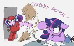 Size: 2055x1270 | Tagged: safe, artist:t72b, derpibooru import, starlight glimmer, twilight sparkle, twilight sparkle (alicorn), alicorn, pony, unicorn, breaking and entering, bucking, coffee, coffee mug, cross, cross necklace, descriptive noise, destruction, hat, historical roleplay starlight, image, inkwell, jewelry, kicking, monty python, monty python's flying circus, mug, necklace, one eye closed, paper, png, quill, scared, sitting, spanish inquisition, spilled drink, underhoof, unexpected