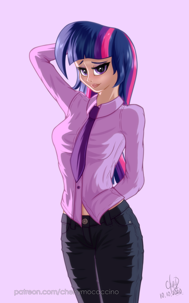 Size: 1200x1920 | Tagged: safe, artist:cherrymocaccino, artist:zuko42, derpibooru import, twilight sparkle, human, art pack:music album 'e.g.8 themes', equestria girls, arm behind back, arm behind head, clothes, image, jeans, looking at you, necktie, pants, png, shirt, solo
