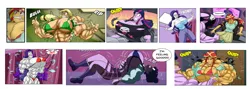 Size: 3536x1256 | Tagged: suggestive, artist:atariboy2600, artist:bluecarnationstudios, derpibooru import, applejack, rarity, sci-twi, sunset shimmer, twilight sparkle, comic:the amazonian effect, comic:the amazonian effect ii, comic:the amazonian effect iii, equestria girls, applejacked, big breasts, bra, breast expansion, breasts, buff breasts, clothes, comparison, dialogue, female, growth, image, muscle expansion, muscle growth, muscles, muscular female, onomatopoeia, overdeveloped muscles, png, red eyes, reference, ripped rarity, she hulk, she-hulk, sound effects, speech bubble, sunset lifter, twilight muscle, underwear