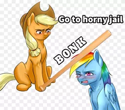 Size: 1280x1132 | Tagged: safe, artist:gloomydinosaur, derpibooru import, applejack, rainbow dash, earth pony, pegasus, baseball bat, blushing, bonk, horny jail, image, jpeg, meme, one eye closed, open mouth, ponified meme, simple background