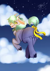 Size: 1448x2048 | Tagged: safe, artist:dannimation, derpibooru import, oc, unofficial characters only, goat, cloud, female, green hair, image, jpeg, smiling, tail wrap