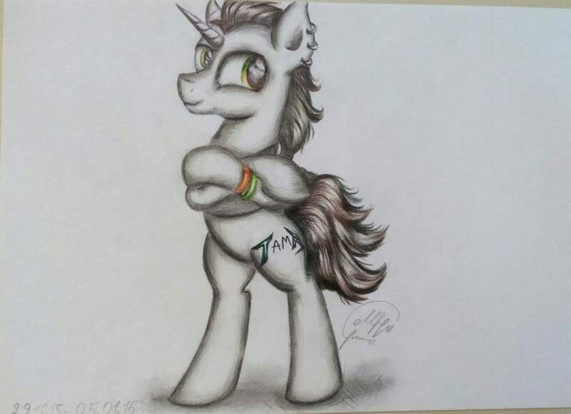 Size: 1024x744 | Tagged: safe, artist:maryhoovesfield, derpibooru import, oc, unofficial characters only, pony, unicorn, bipedal, bracelet, clothes, crossed arms, ear fluff, horn, image, jewelry, jpeg, signature, smiling, solo, traditional art, unicorn oc