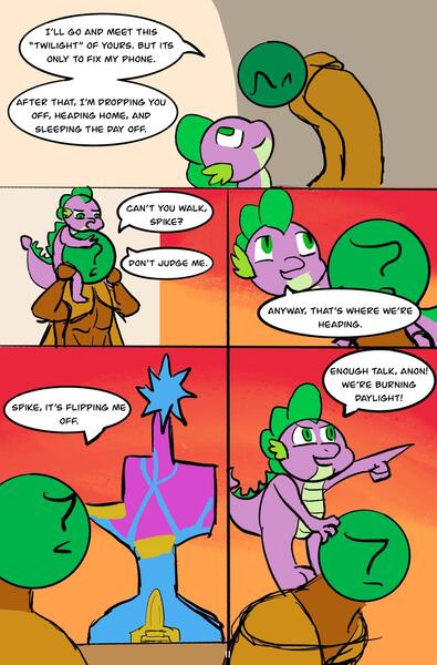 Size: 1280x1944 | Tagged: safe, artist:datzigga, derpibooru import, spike, oc, oc:anon, human, comic:race relations, castle, comic, image, jpeg, twilight's castle