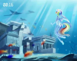 Size: 2560x2037 | Tagged: suggestive, artist:blue mey, artist:bluemey_, derpibooru import, rainbow dash, anthro, fish, pegasus, plantigrade anthro, atlantis, bubble, butt, female, image, jpeg, nudity, rainbutt dash, solo, solo female, spread wings, stupid sexy rainbow dash, swimming, temple, underwater, wings