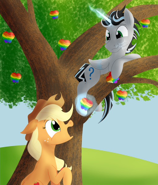 Size: 2237x2625 | Tagged: safe, artist:sixes&sevens, derpibooru import, applejack, oc, oc:prince mentiad, apple, apple tree, eating, food, herbivore, image, levitation, lightning, magic, png, shocked, sitting in a tree, telekinesis, tree, zap apple, zap apple tree