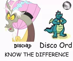 Size: 975x820 | Tagged: safe, artist:novella-book-pony, derpibooru import, discord, draconequus, dragon, the return of harmony, disco, dragon tales, duo, duo male, funny, funny as hell, image, jpeg, know the difference, male, meme, ord, simple background, text, umbrella, white background