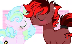 Size: 2598x1578 | Tagged: safe, artist:2pandita, derpibooru import, oc, oc:red king, oc:sweet cream, unofficial characters only, earth pony, pony, unicorn, female, image, kissing, male, mare, png, stallion