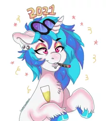 Size: 430x490 | Tagged: safe, artist:caxdymonsterxx, derpibooru import, vinyl scratch, unicorn, 2021, chest fluff, colored hooves, drugs, ear piercing, earring, eyeshadow, happy new year, holiday, image, jewelry, lip piercing, makeup, marijuana, new year, piercing, png, simple background, smoking, white background