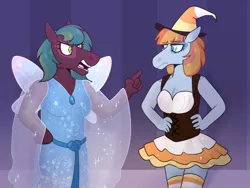 Size: 1280x960 | Tagged: safe, artist:jaysey, artist:kindheart525, derpibooru import, oc, oc:blue velvet, oc:red cedar, unofficial characters only, anthro, earth pony, auraverse, clothes, costume, dress, halloween, halloween costume, holiday, image, jpeg, offspring, parent:burnt oak, parent:coloratura, parents:coloroak, story included