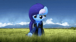 Size: 480x270 | Tagged: safe, artist:bastbrushie, artist:jhayarr23, derpibooru import, oc, oc:brushie brusha, unofficial characters only, earth pony, pony, animated, clothes, cloud, cute, eye, eyes, far cry 5, female, gif, grass, hoof hold, image, loop, mane blue, mare, montana, mount, pants, raised hoof, sky, solo