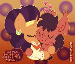 Size: 2800x2400 | Tagged: safe, artist:snakeythingy, derpibooru import, saffron masala, oc, oc:sketchy dupe, pony, canon x oc, gradient background, hindi, hug, image, png, sketchffron, snuggling