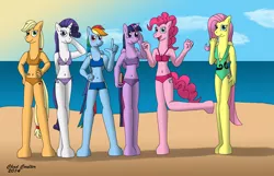 Size: 3054x1964 | Tagged: safe, artist:baroquewolfe, derpibooru import, applejack, fluttershy, pinkie pie, rainbow dash, rarity, twilight sparkle, alicorn, anthro, unguligrade anthro, beach, bedroom eyes, belly button, bikini, book, breasts, busty applejack, busty fluttershy, busty mane six, busty pinkie pie, busty rainbow dash, busty rarity, busty twilight sparkle, cleavage, clenched fist, clothes, cloud, female, hand on head, hand on hip, horn, image, jpeg, looking at you, mane six, ocean, one-piece swimsuit, poses, sky, smiling at you, sun, swimsuit, tail, twilight sparkle (alicorn), wings