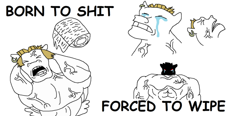 Size: 1652x820 | Tagged: safe, artist:escaped_warcriminal, derpibooru import, bulk biceps, semi-anthro, 1000 hours in ms paint, comic sans, crying, dank memes, image, meme, ms paint, ms paint skills almost non-existent, muscles, png, suffering, tears of pain, toilet humor, toilet paper, toilet paper roll, vein, vein bulge, vulgar, we live in a society