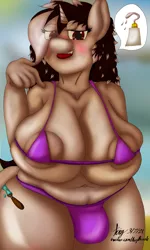 Size: 6000x10000 | Tagged: suggestive, artist:acrylicbristle, derpibooru import, oc, oc:acrylic bristle, unofficial characters only, anthro, plantigrade anthro, pony, unicorn, anthro oc, areola, areola slip, beach, belly, belly button, big breasts, bikini, bikini bottom, bikini top, blushing, breasts, busty oc, chubby, clothes, crotch bulge, curvy, dickgirl, exposed breasts, eye clipping through hair, fat, female, fupa, futa, huge breasts, image, imminent sex, impossibly large breasts, intersex, lip bite, lipstick, long hair, looking at you, mare, ocean, png, sand, signature, soft, swimsuit, thick, thighs, thunder thighs, trans female, transgender, wardrobe malfunction, water, wide hips, wingdings