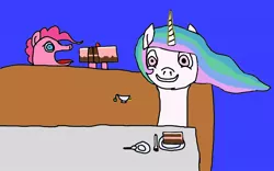 Size: 1280x800 | Tagged: safe, artist:lekonar13, derpibooru import, pinkie pie, princess celestia, alicorn, earth pony, 1000 hours in ms paint, cake, food, image, jpeg, levitation, magic, restaurant, tea, telekinesis, wat