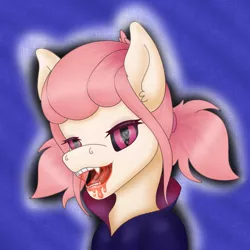 Size: 1080x1080 | Tagged: semi-grimdark, alternate version, artist:ismim, derpibooru import, oc, oc:hopple scotch, unofficial characters only, earth pony, pony, vampire, vampony, black sclera, blood, blue background, bust, clothes, fangs, female, heart eyes, image, inktober, looking at you, mare, open mouth, pigtails, png, portrait, race swap, simple background, slit eyes, solo, wingding eyes