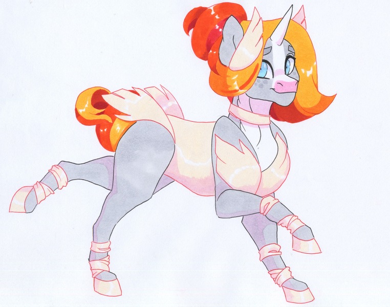 Size: 3772x2970 | Tagged: safe, artist:frozensoulpony, derpibooru import, oc, oc:suncrisp, pony, clothes, image, jpeg, leotard, offspring, parent:applejack, parent:jet set, parents:applejet, solo, traditional art