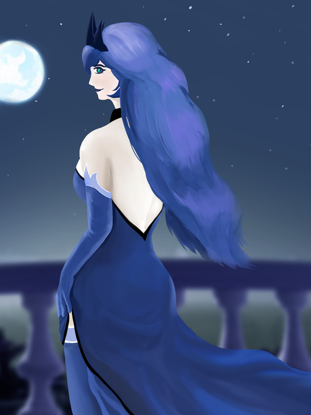 Size: 3000x4000 | Tagged: safe, artist:sonatalicious, derpibooru import, princess luna, human, balcony, clothes, crown, dress, evening gloves, female, full moon, gloves, humanized, image, jewelry, long gloves, looking at you, looking back, looking back at you, moon, night, png, regalia, sky, smiling, solo, stars