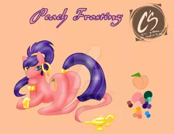 Size: 1024x792 | Tagged: safe, artist:adhiguna, artist:johnathon-matthews, derpibooru import, oc, oc:peach frosting, earth pony, genie, genie pony, pony, deviantart watermark, flank, image, jewelry, jpeg, obtrusive watermark, reference sheet, watermark