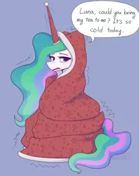 Size: 1706x2160 | Tagged: safe, artist:puetsua, derpibooru import, edit, editor:totallynotanoob, princess celestia, alicorn, pony, blanket, cold, female, horn, horn sleeve, image, implied princess luna, lidded eyes, mare, open mouth, png, question, shivering, simple background, solo, speech bubble