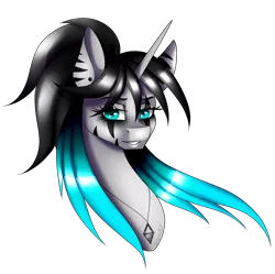 Size: 1207x1200 | Tagged: safe, artist:minelvi, derpibooru import, oc, oc:lunelaya, pony, unicorn, bust, ear piercing, eyelashes, female, horn, image, jewelry, mare, necklace, piercing, png, simple background, smiling, solo, transparent background, unicorn oc