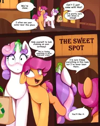 Size: 1600x2000 | Tagged: safe, artist:ritter, derpibooru import, scootaloo, sweetie belle, pegasus, pony, unicorn, comic:the sweet spot, comic, dialogue, duckery in the comments, female, image, magic, mare, older, older scootaloo, older sweetie belle, open mouth, png, smiling