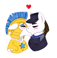 Size: 1799x1838 | Tagged: safe, artist:acuteapoot, derpibooru import, oc, oc:broadshield, oc:rough seas, unofficial characters only, earth pony, pegasus, pony, armor, blushing, brothers, cap, clothes, eyes closed, floppy ears, gay, hat, heart, helmet, image, incest, kissing, male, png, royal guard, shirt, siblings, simple background, stallion, transparent background