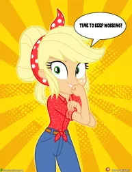 Size: 3090x4000 | Tagged: safe, artist:dieart77, derpibooru import, applejack, equestria girls, equestria girls series, five to nine, clothes, dialogue, female, freckles, high res, image, jpeg, pants, rosie the riveter, solo, speech bubble