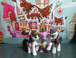 Size: 3072x2320 | Tagged: safe, derpibooru import, raven, spike, writing desk, dragon, earth pony, pony, unicorn, blind bag, cute, devil costume, diorama, egmont, female, glasses, image, interspecies, jpeg, loose hair, male, mare, necktie, ravenspike, secretary, shipping, spike gets all the mares, spikelove, straight, sugarcube corner, toy
