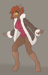 Size: 3129x4821 | Tagged: suggestive, artist:sneetymist, derpibooru import, oc, oc:soft coffee, anthro, earth pony, unguligrade anthro, bottomless, breasts, clothes, female, fur coat, image, jacket, panties, parka, partial nudity, pink underwear, png, simple background, socks (coat marking), solo, sweater, underwear, winter clothes, winter outfit