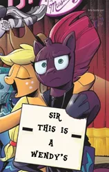 Size: 581x921 | Tagged: safe, derpibooru import, edit, idw, applejack, tempest shadow, zecora, spoiler:comic, exploitable meme, :i, image, jpeg, meme, sir this is a wendy's, tempest shadow's sign