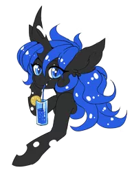 Size: 1408x1808 | Tagged: safe, artist:pony straponi, derpibooru import, changeling queen oc, oc, oc:blue visions, unofficial characters only, changeling, changeling queen, blue changeling, bust, changeling oc, colored, drinking, drinking straw, female, flat colors, image, png, portrait, simple background, solo, transparent background