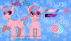 Size: 1500x876 | Tagged: safe, artist:thanhvy15599, derpibooru import, oc, oc:taffy pop, pony, unicorn, blue background, candy, commission, female, food, glasses, glasses off, image, pink eyes, png, reference sheet, simple background, solo