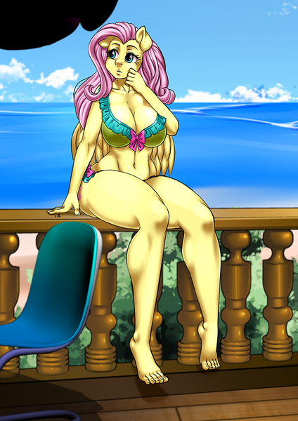 Size: 707x1000 | Tagged: suggestive, artist:pia-sama, derpibooru import, fluttershy, anthro, pegasus, plantigrade anthro, adorasexy, belly button, big breasts, bikini, breasts, busty fluttershy, clothes, cute, feet, female, frilled swimsuit, image, png, sexy, shyabetes, sitting, solo, solo female, stupid sexy fluttershy, swimsuit, wide hips