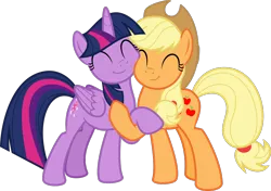 Size: 1072x754 | Tagged: safe, artist:sollace, derpibooru import, applejack, twilight sparkle, twilight sparkle (alicorn), alicorn, earth pony, pony, harvesting memories, spoiler:harvesting memories, .svg available, ^^, applejack's hat, cowboy hat, cute, derpibooru exclusive, duo, eyes closed, hat, hug, image, jackabetes, png, simple background, smiling, transparent background, twiabetes, vector