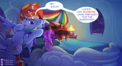 Size: 1280x690 | Tagged: suggestive, artist:velvet frame, derpibooru import, rainbow dash, oc, blushing, caught, diaper, diaper fetish, fetish, image, jpeg, non-baby in diaper, rainbow dash's bedroom, sleepover, underhoof