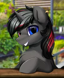 Size: 1446x1764 | Tagged: safe, artist:pridark, derpibooru import, oc, unofficial characters only, pony, unicorn, bust, chest fluff, commission, cute, handsome, heterochromia, image, looking at you, male, png, portrait, smiling, solo