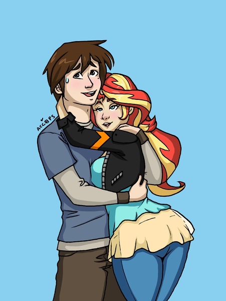 Size: 1544x2056 | Tagged: safe, artist:ameliacostanza, derpibooru import, sunset shimmer, human, blue background, crossover, hug, humanized, image, jpeg, peter parker, simple background