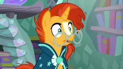 Size: 1280x720 | Tagged: safe, derpibooru import, screencap, sunburst, pony, unicorn, the crystalling, clothes, glasses, image, male, png, robe, solo, stallion, sunburst's cloak, sunburst's glasses, surprised