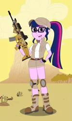 Size: 1085x1821 | Tagged: safe, artist:kromah, derpibooru import, sci-twi, twilight sparkle, equestria girls, assault rifle, boots, clothes, cloud, cosplay, costume, desert, eyeglasses, fio germi, gun, image, knee pads, metal slug, png, rifle, scar-l, shirt, shoes, shorts, solo, t-shirt, vest, waifu, weapon, yellow sky