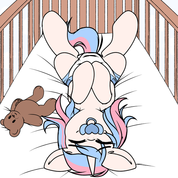 Size: 2995x2995 | Tagged: questionable, artist:xcinnamon-twistx, derpibooru import, oc, pony, unicorn, ageplay, colored, commission, crib, diaper, female, filly, flat colors, image, png, your character here