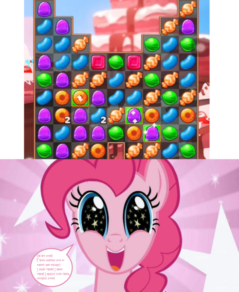 Size: 1243x1519 | Tagged: safe, derpibooru import, screencap, pinkie pie, earth pony, pony, the ticket master, candy, candy blast mania, candyland, food, game, gumdrop, image, jellybeans, jewelry, lifesaver, lollipop, mobile game, png, reaction image, ring, smiling, sparkles, speech bubble, starry background, starry eyes, stars, sweets, treats, wingding eyes, wrapper